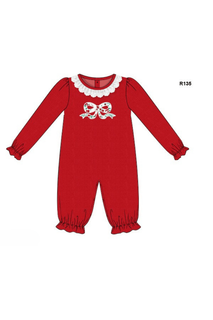 The Smocked Flamingo Apparel & Accessories Pre-Order Applique Christmas Floral Bow Red Cardigan Romper