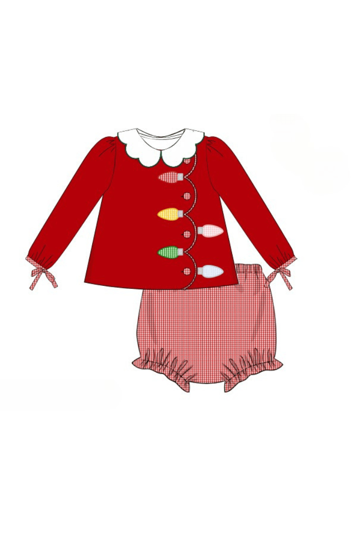 The Smocked Flamingo Apparel & Accessories Pre-Order Applique Christmas Lights Red Corduroy Bloomer Set
