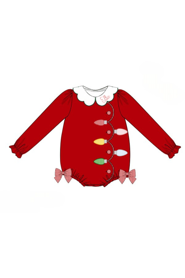 The Smocked Flamingo Apparel & Accessories Pre-Order Applique Christmas Lights  Red Corduroy Bubble