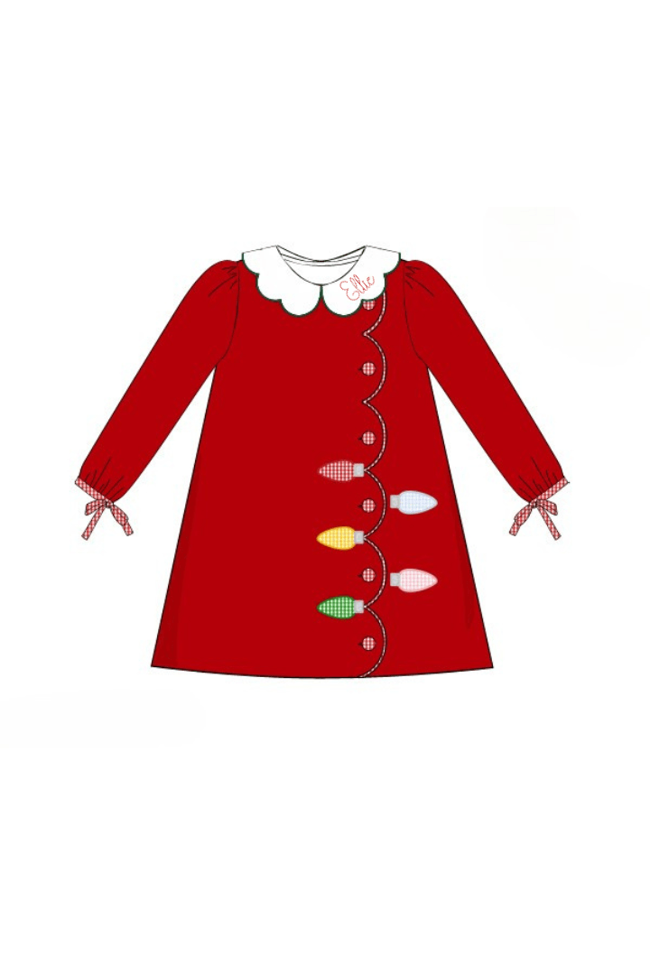The Smocked Flamingo Apparel & Accessories Pre-Order Applique Christmas Lights  Red Corduroy Dress