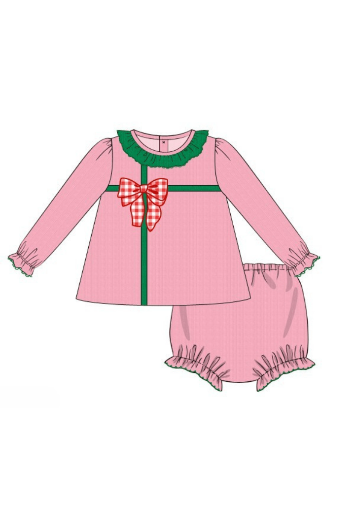 The Smocked Flamingo Apparel & Accessories Pre-Order Applique Christmas Present Pink Corduroy Bloomer Set