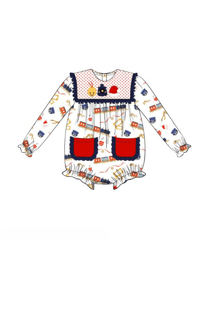 The Smocked Flamingo Apparel & Accessories Pre-Order Applique Christmas Train Ruffle Bubble