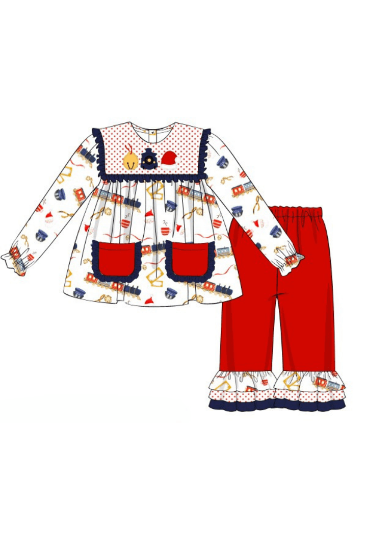 The Smocked Flamingo Apparel & Accessories Pre-Order Applique Christmas Train Ruffle Pant Set
