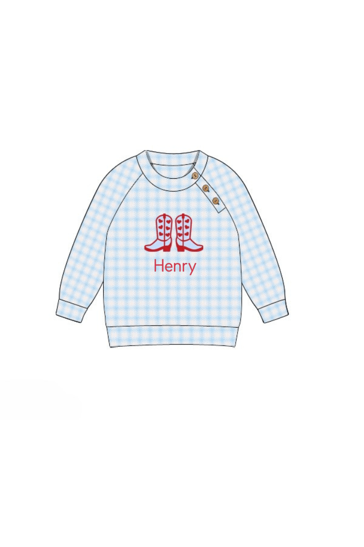 The Smocked Flamingo Apparel & Accessories Pre-Order Applique Cowboy Cupid Blue Gingham Cardigan Pullover