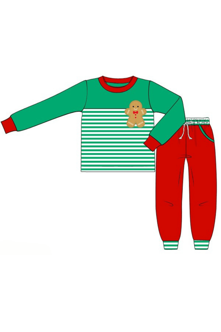 The Smocked Flamingo Apparel & Accessories Pre-Order Applique Gingerbread Green Stripe Jogger Set