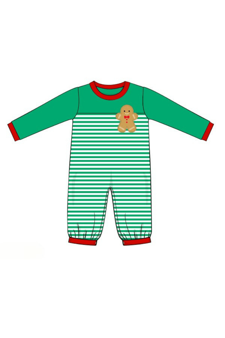 The Smocked Flamingo Apparel & Accessories Pre-Order Applique Gingerbread Green Stripe Romper