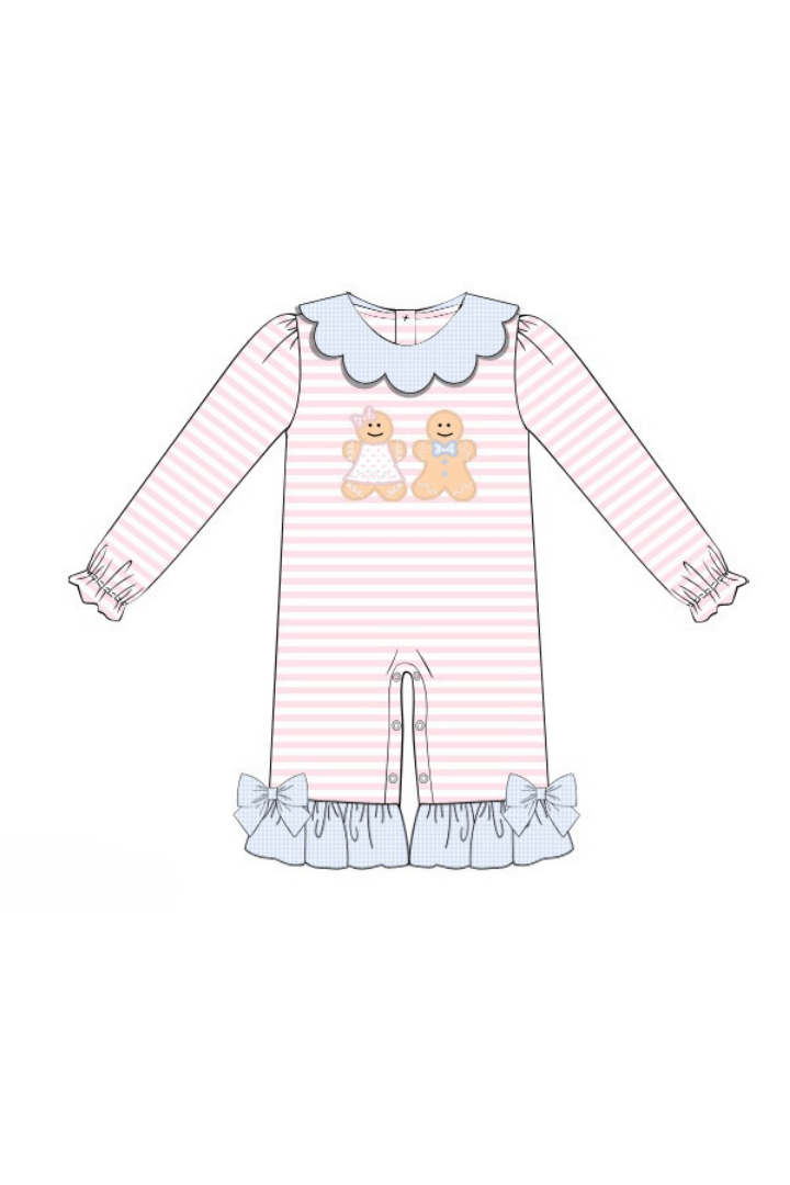 The Smocked Flamingo Apparel & Accessories Pre-Order Applique Gingerbread Pink Stripe Romper
