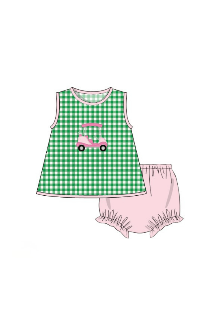 The Smocked Flamingo Apparel & Accessories Pre-Order Applique Golf Cart Green/Pink Gingham Bloomer Set
