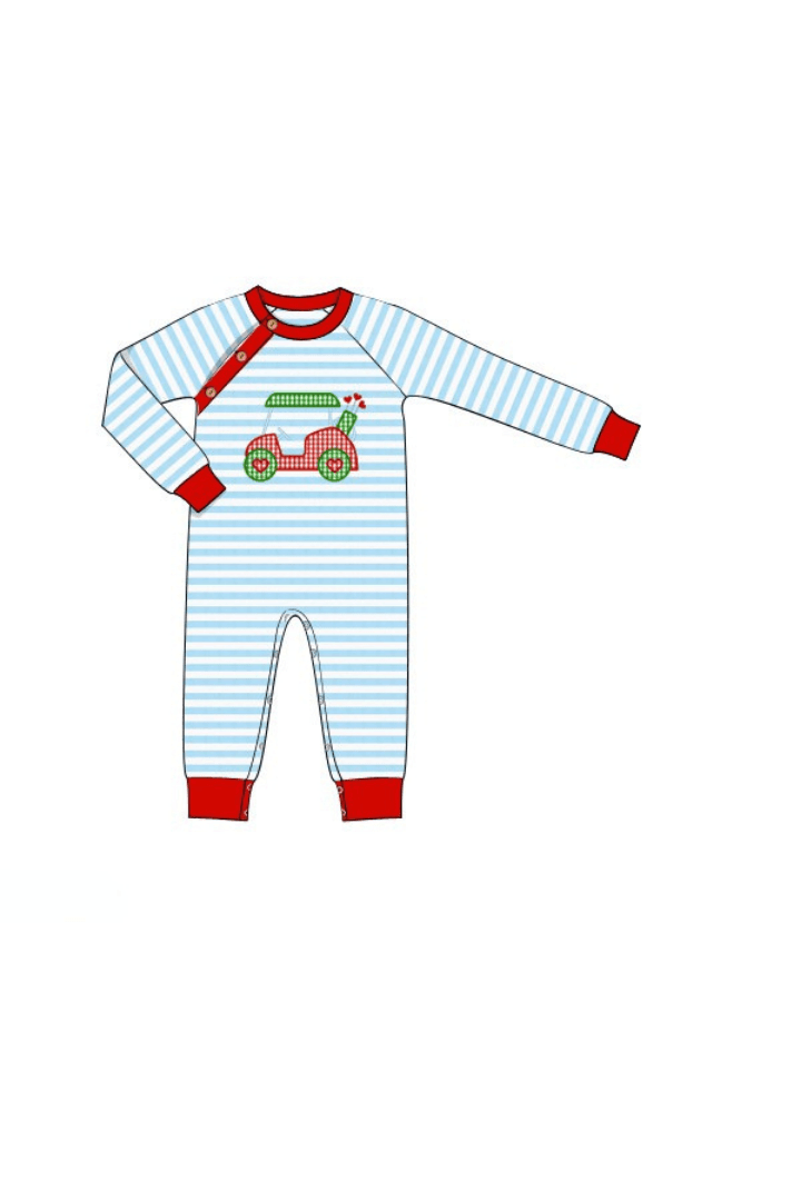 The Smocked Flamingo Apparel & Accessories Pre-Order Applique Golf Heart Blue Stripe Romper