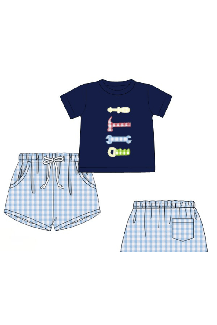 The Smocked Flamingo Apparel & Accessories Pre-Order Applique Handy Man Blue Gingham Short Set