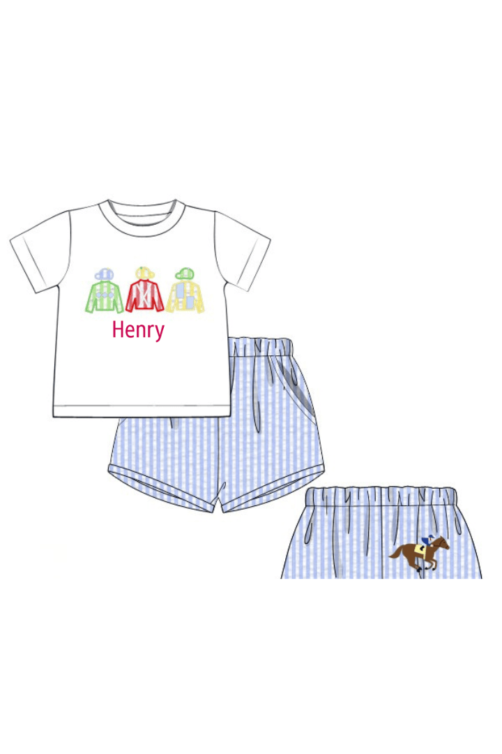 The Smocked Flamingo Apparel & Accessories Pre-Order Applique Jockey Silks Blue Seersucker Short Set