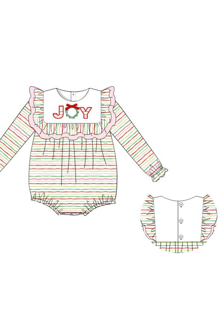 The Smocked Flamingo Apparel & Accessories Pre-Order Applique JOY Striped Ruffle Bubble