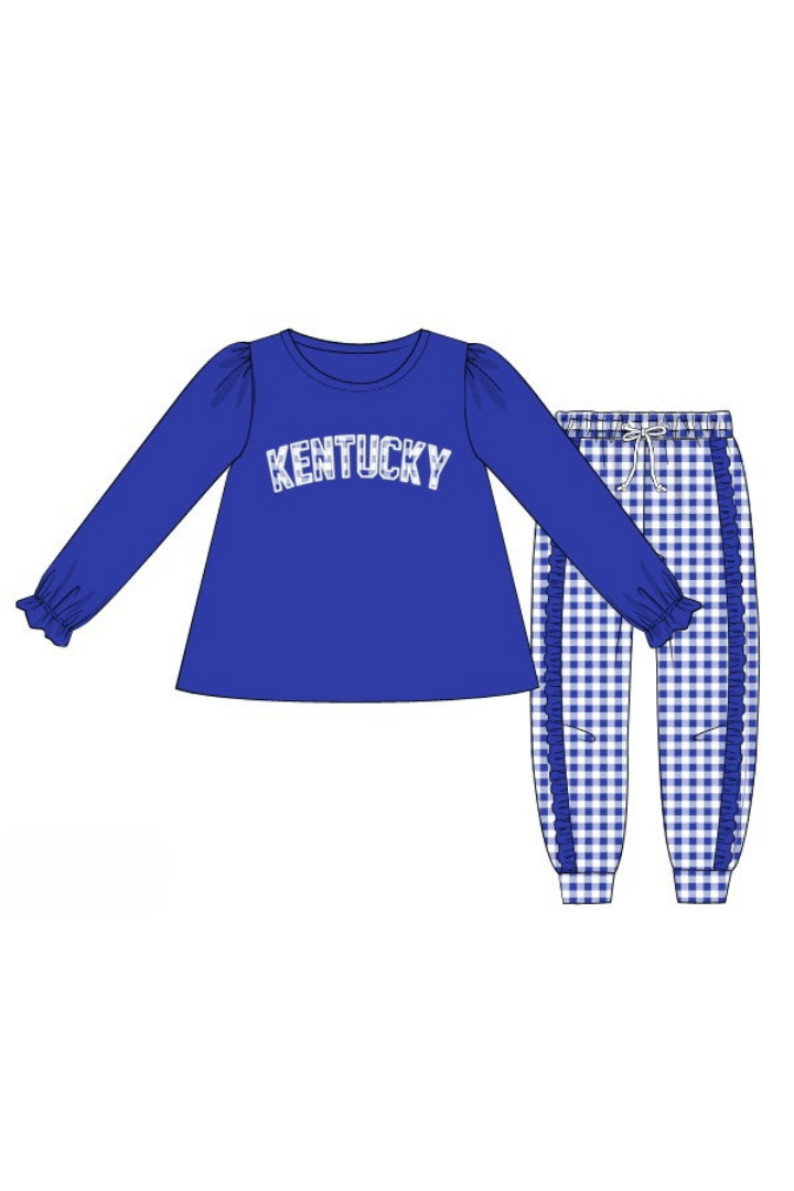 The Smocked Flamingo Apparel & Accessories Pre-Order Applique Kentucky Blue Gingham Ruffle Jogger Set