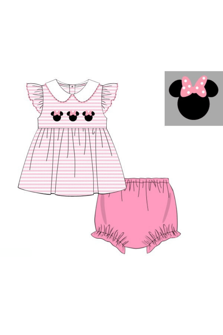 The Smocked Flamingo Apparel & Accessories Pre-Order Applique Mouse Pink Stripe Flutter Sleeve Bloomer Set