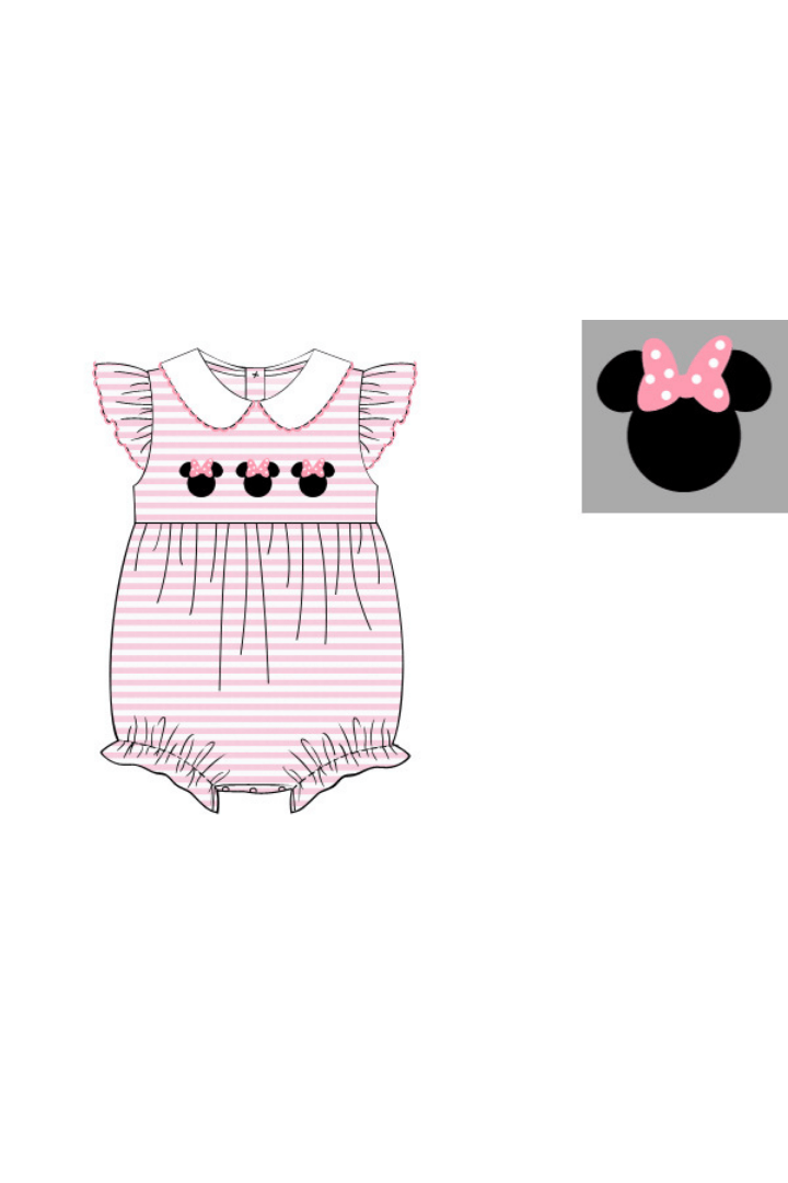 The Smocked Flamingo Apparel & Accessories Pre-Order Applique Mouse Pink Stripe Flutter Sleeve Bubble