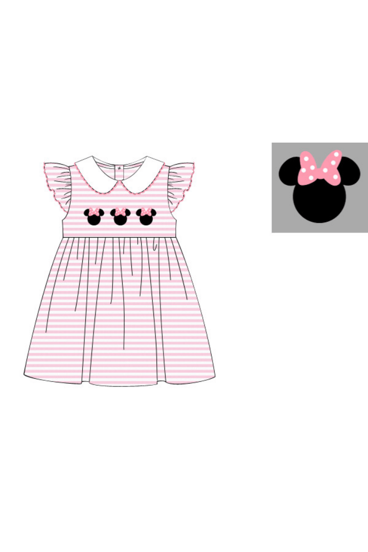 The Smocked Flamingo Apparel & Accessories Pre-Order Applique Mouse Pink Stripe Flutter Sleeve Dress