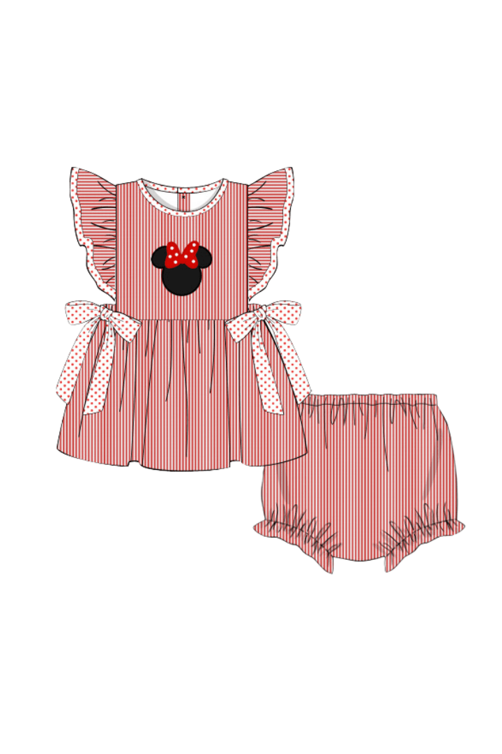 The Smocked Flamingo Apparel & Accessories Pre-Order Applique Mouse Red Stripe/Bitty Dot Bloomer Set