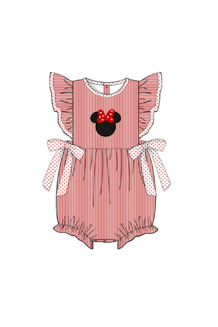 The Smocked Flamingo Apparel & Accessories Pre-Order Applique Mouse Red Stripe/Bitty Dot Bubble