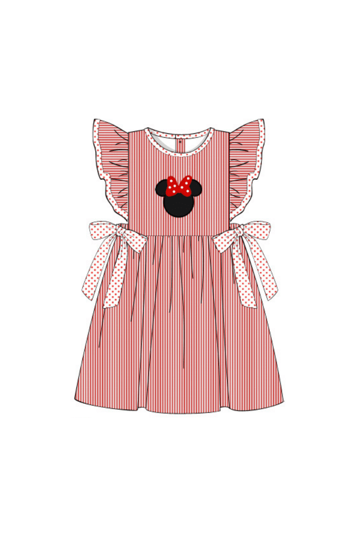 The Smocked Flamingo Apparel & Accessories Pre-Order Applique Mouse Red Stripe/Bitty Dot Dress
