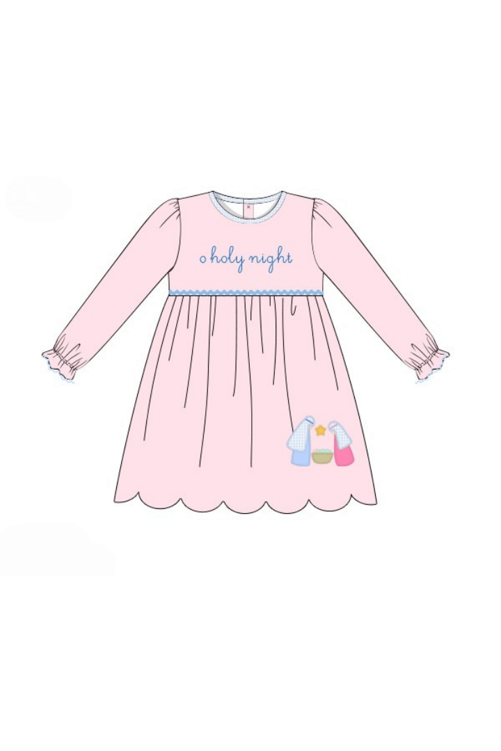 The Smocked Flamingo Apparel & Accessories Pre-Order Applique O Holy Night Scalloped Dress