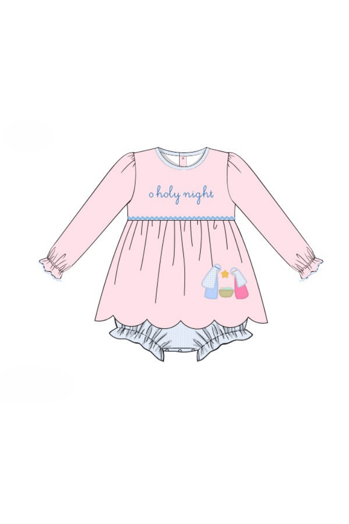 The Smocked Flamingo Apparel & Accessories Pre-Order Applique O Holy Night Scalloped Skirted Bubble