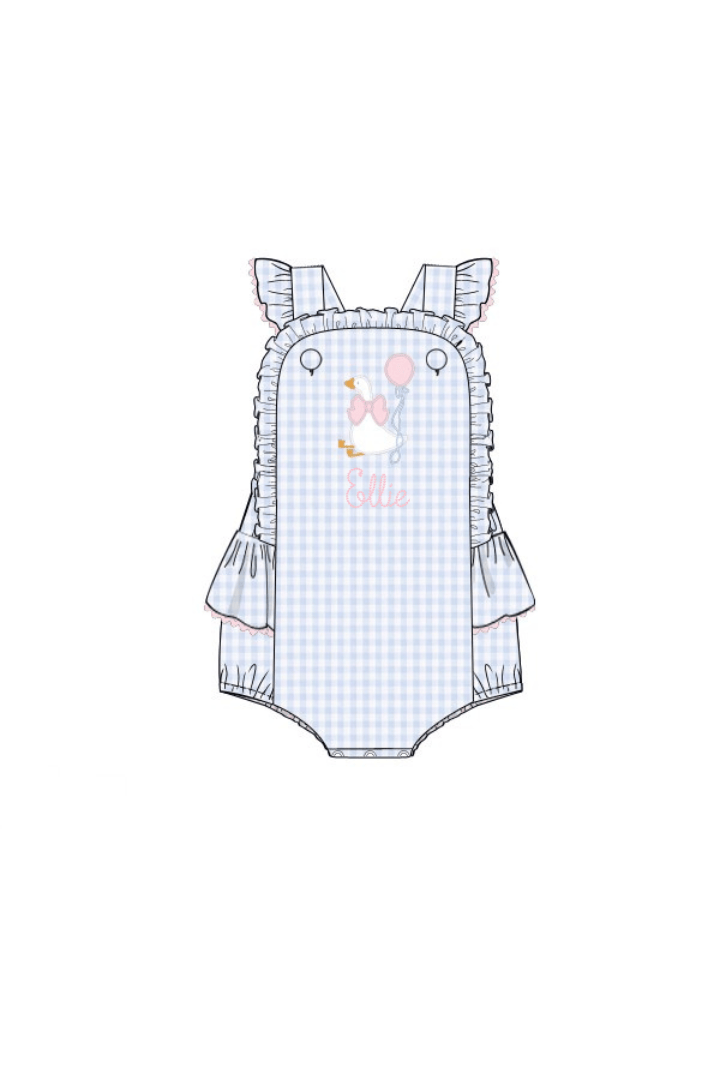 The Smocked Flamingo Apparel & Accessories Pre-Order Applique Party Goose Blue Gingham Ruffle Bubble
