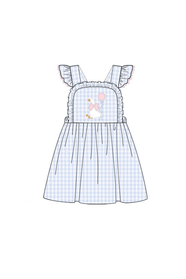 The Smocked Flamingo Apparel & Accessories Pre-Order Applique Party Goose Blue Gingham Ruffle Dress