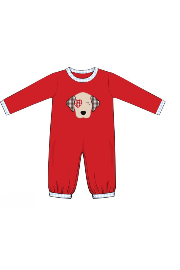 The Smocked Flamingo Apparel & Accessories Pre-Order Applique Puppy Love Red Knit/Gingham Romper