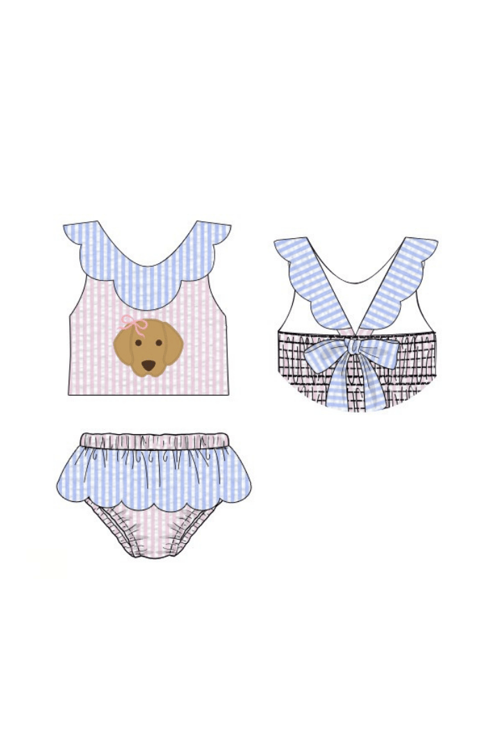 The Smocked Flamingo Apparel & Accessories Pre-Order Applique Puppy Pink/Blue Seersucker 2pc Swimsuit