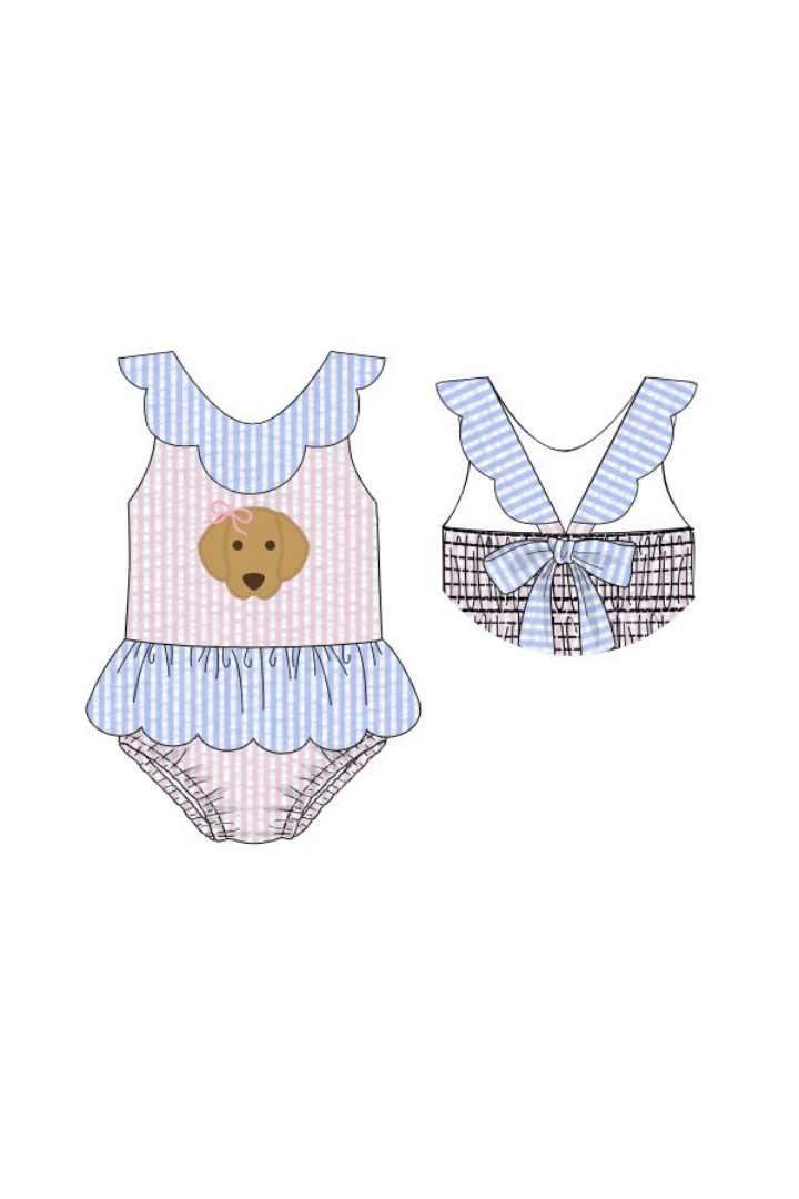 The Smocked Flamingo Apparel & Accessories Pre-Order Applique Puppy Pink/Blue Seersucker Swimsuit