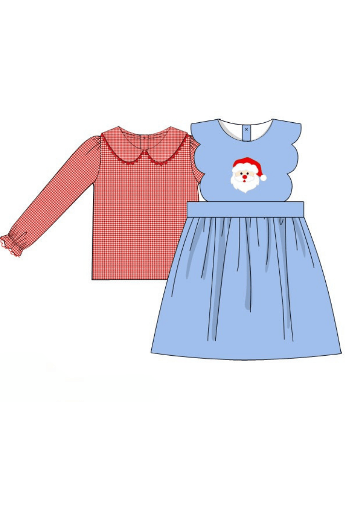 The Smocked Flamingo Apparel & Accessories Pre-Order Applique Santa Blue Corduroy Red Gingham 2pc Dress