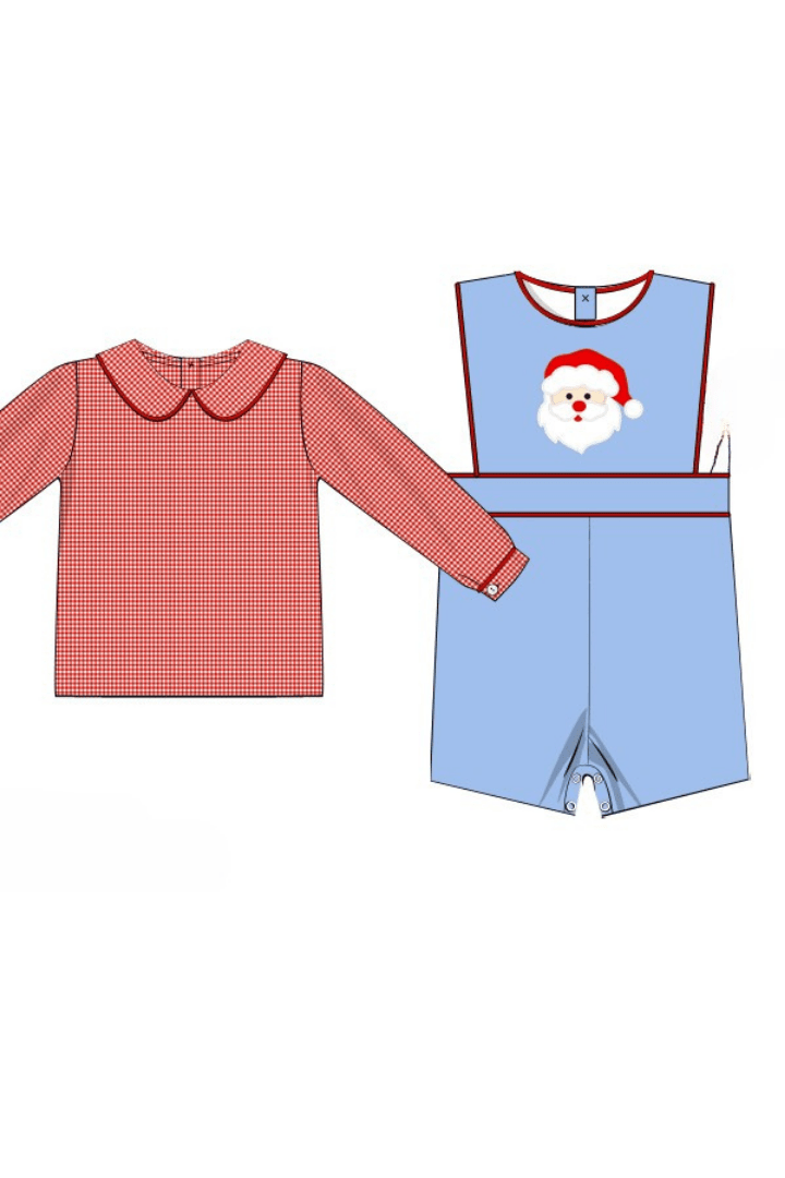 The Smocked Flamingo Apparel & Accessories Pre-Order Applique Santa Blue Corduroy Red Gingham 2pc Jon Jon