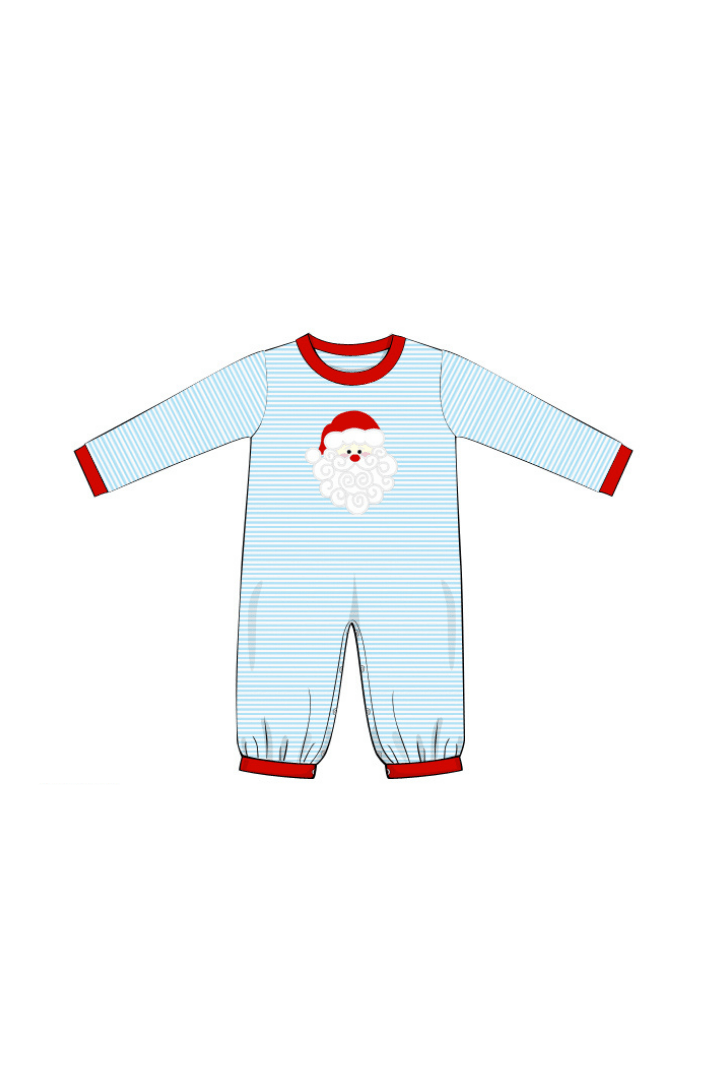 The Smocked Flamingo Apparel & Accessories Pre-Order Applique Santa Blue Stripe/Red Romper