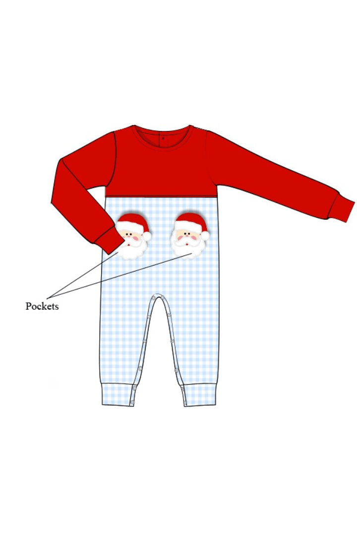 The Smocked Flamingo Apparel & Accessories Pre-Order Applique Santa Pocket Blue/Red Gingham Romper