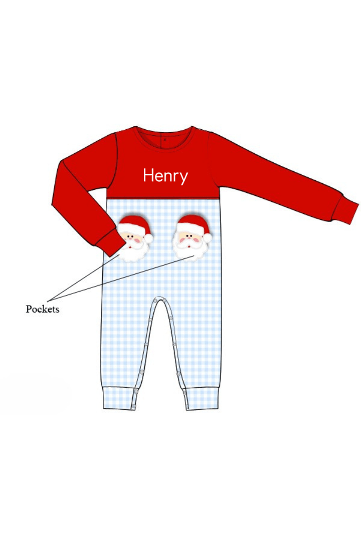 The Smocked Flamingo Apparel & Accessories Pre-Order Applique Santa Pocket Blue/Red Gingham Romper
