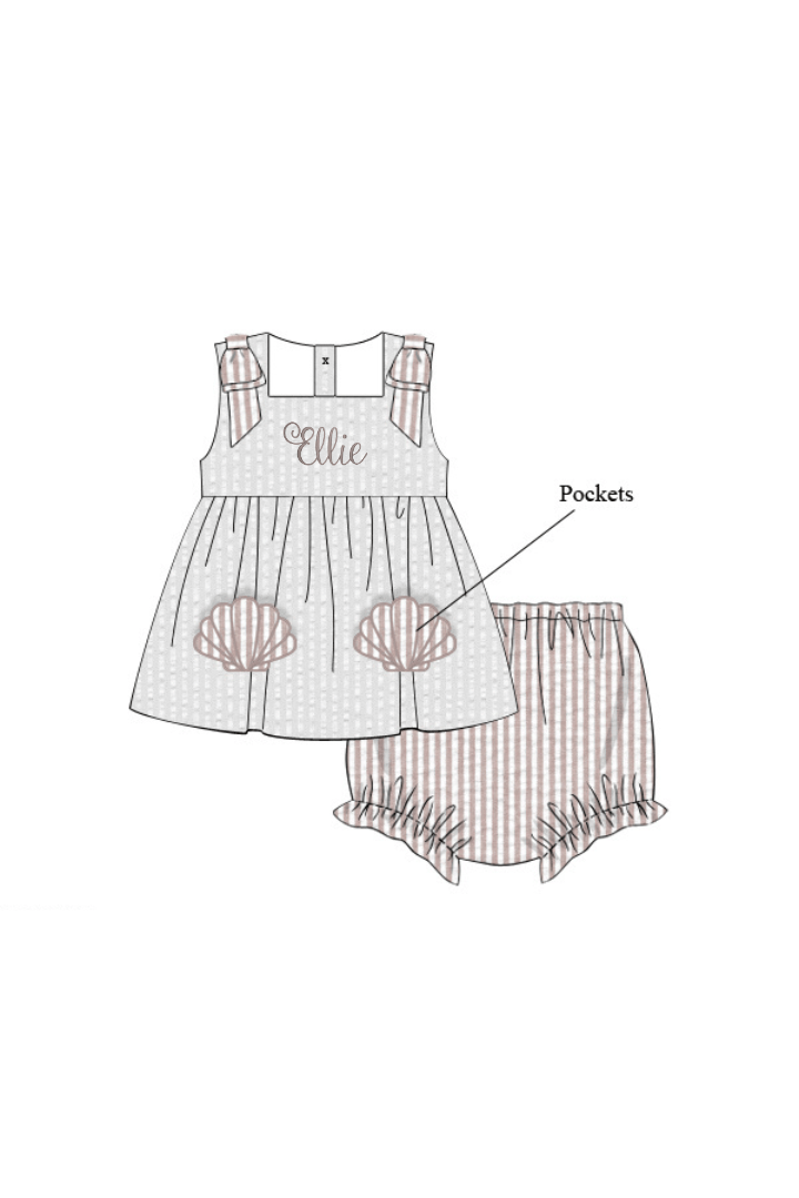 The Smocked Flamingo Apparel & Accessories Pre-Order Applique Sea Shell Seersucker Bow Bloomer Set