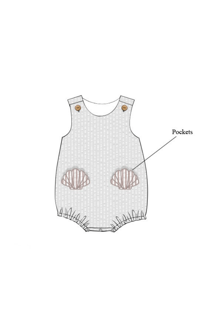 The Smocked Flamingo Apparel & Accessories Pre-Order Applique Sea Shell Seersucker Bubble