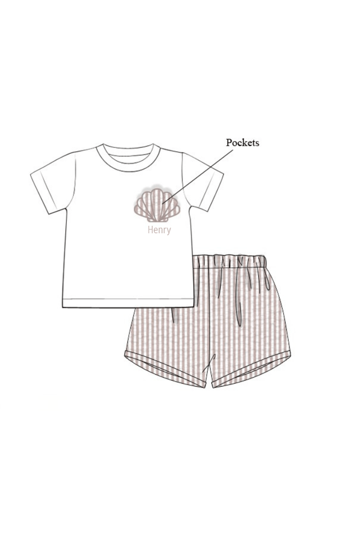 The Smocked Flamingo Apparel & Accessories Pre-Order Applique Sea Shell Seersucker Short Set