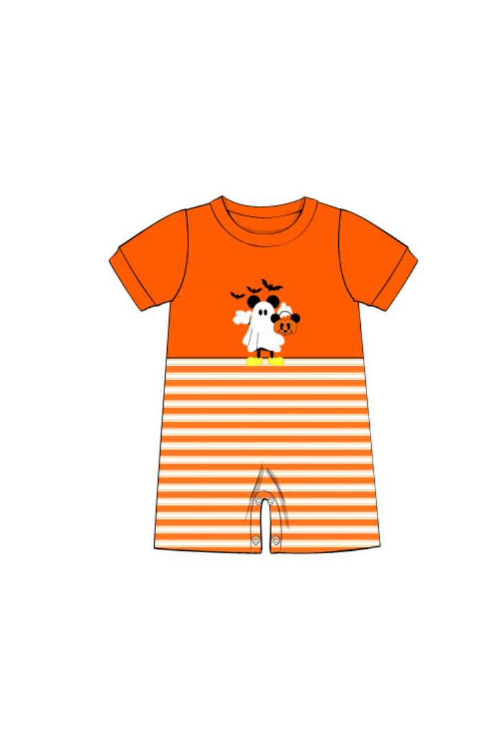 The Smocked Flamingo Apparel & Accessories Pre-Order Applique Spooky Mouse Orange Stripe Short Romper