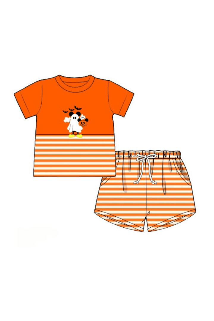 The Smocked Flamingo Apparel & Accessories Pre-Order Applique Spooky Mouse Orange Stripe Short Set