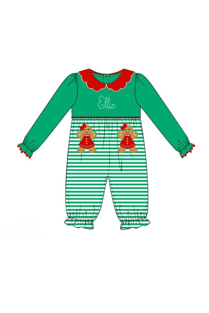 The Smocked Flamingo Apparel & Accessories Pre-Order Applique Sweet Gingerbread Green Stripe Romper