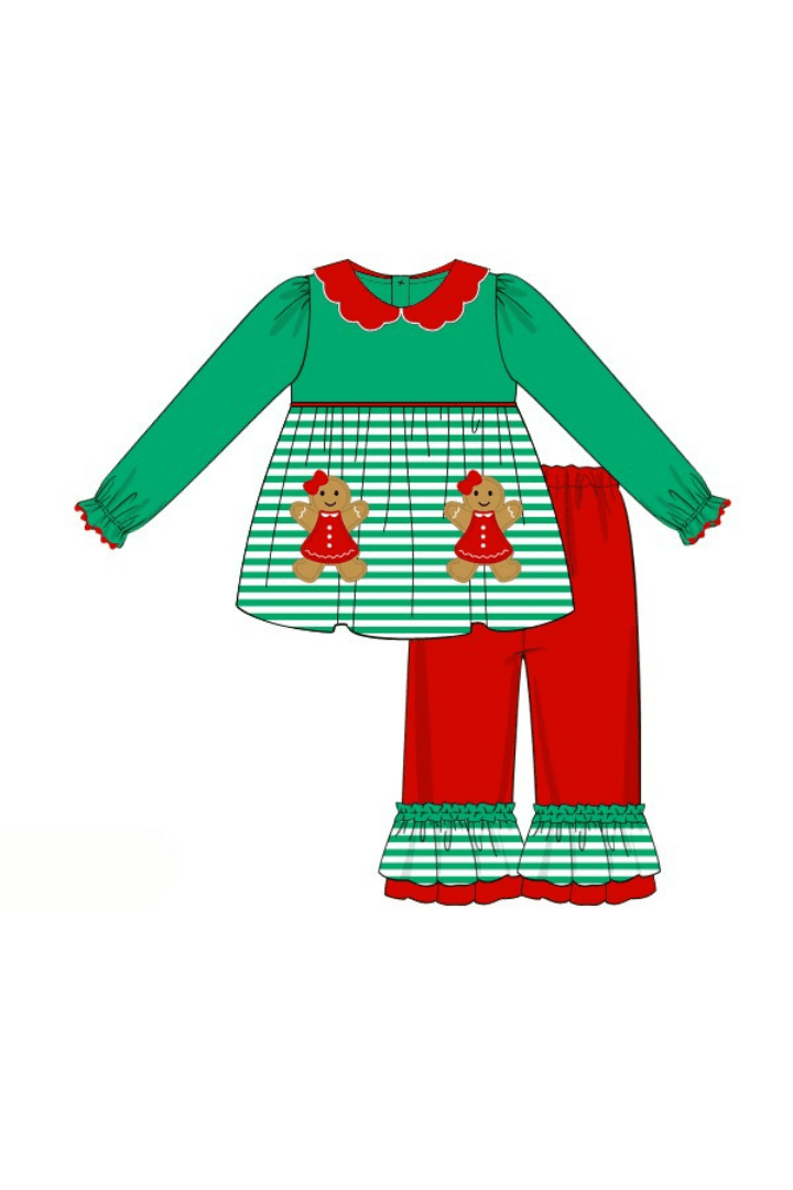The Smocked Flamingo Apparel & Accessories Pre-Order Applique Sweet Gingerbread Green Stripe Ruffle Pant Set