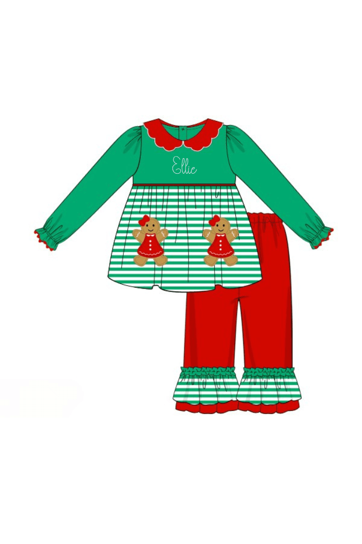 The Smocked Flamingo Apparel & Accessories Pre-Order Applique Sweet Gingerbread Green Stripe Ruffle Pant Set