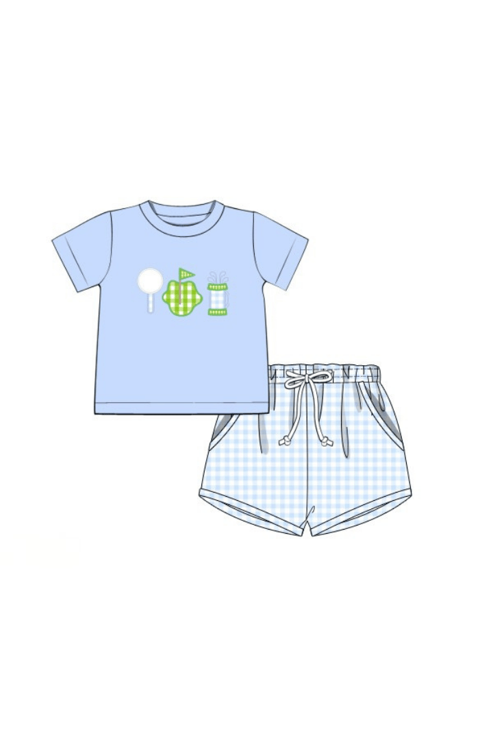 The Smocked Flamingo Apparel & Accessories Pre-Order Applique Tee Time Blue Gingham Short Set