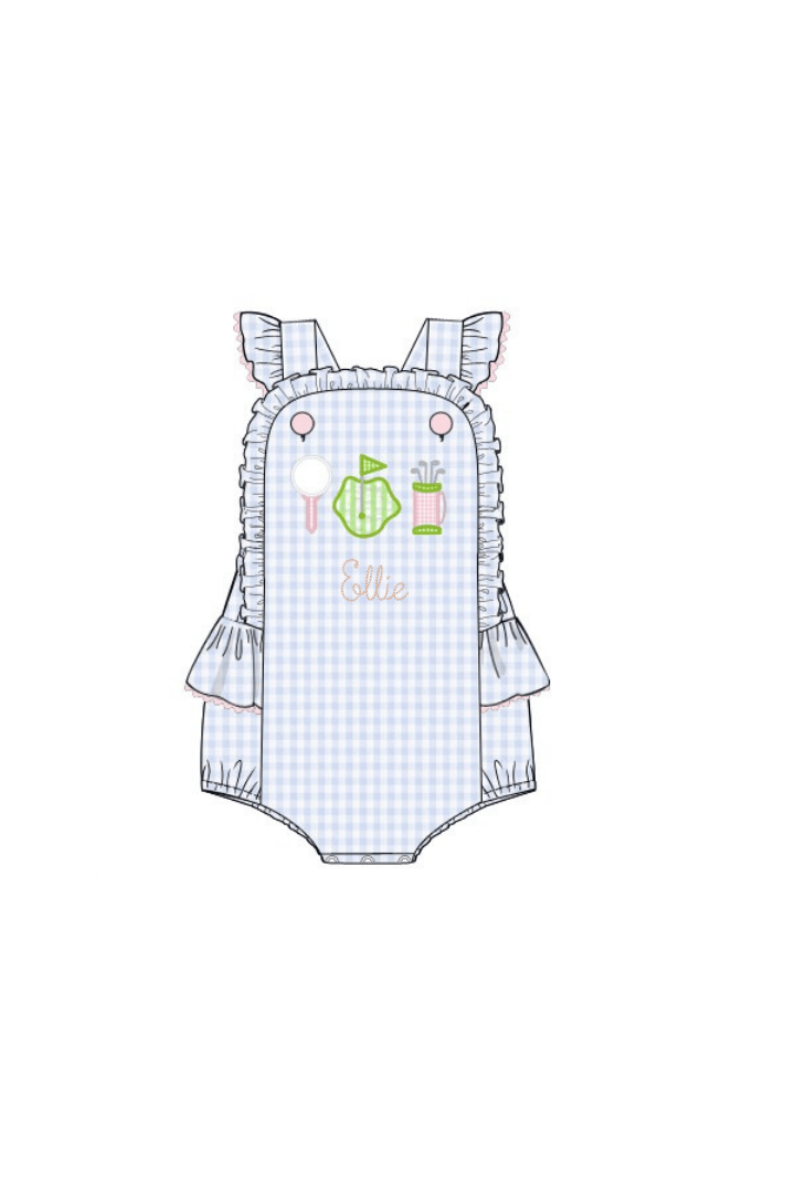 The Smocked Flamingo Apparel & Accessories Pre-Order Applique Tee Time Blue Gingham Sun Bubble