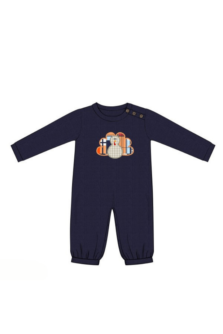 The Smocked Flamingo Apparel & Accessories Pre-Order Applique Turkey Madris Plaid Navy Romper