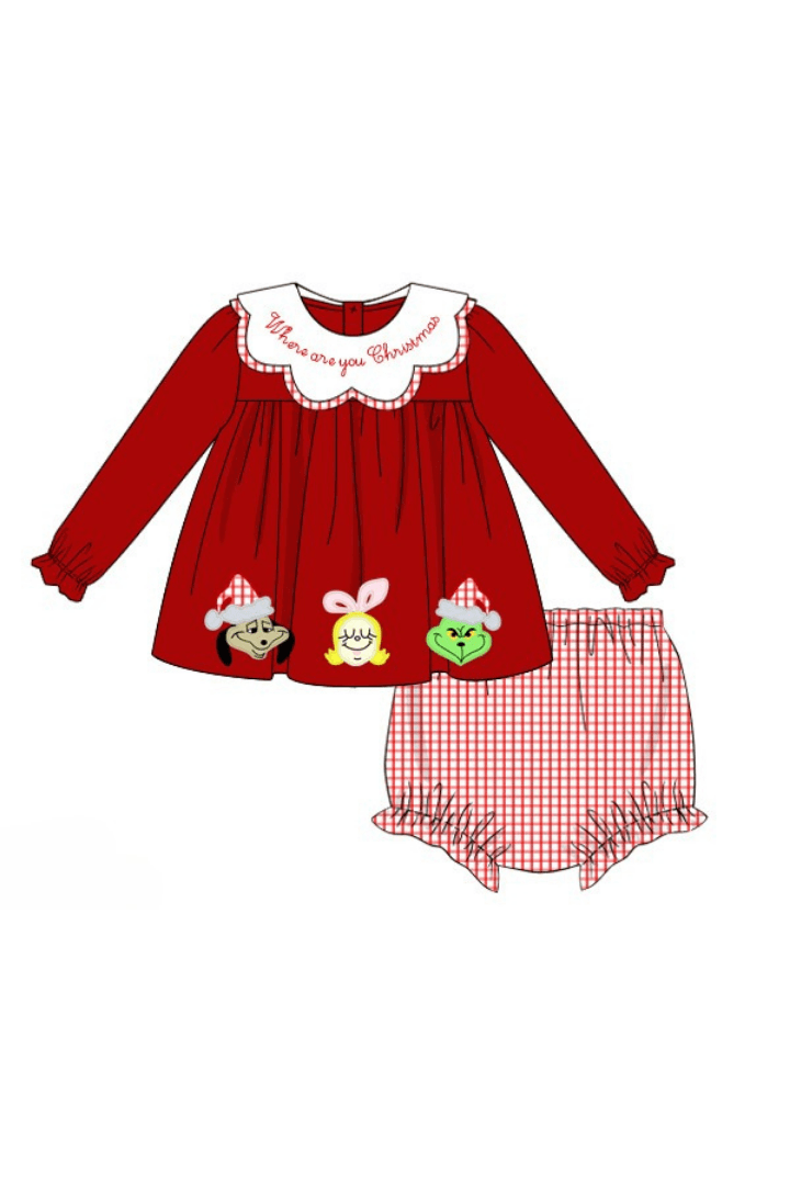 The Smocked Flamingo Apparel & Accessories Pre-Order Applique Where are You Christmas Scalloped Bloomer Set
