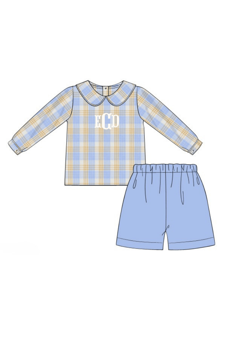 The Smocked Flamingo Apparel & Accessories Pre-Order Blue and Orange Plaid Corduroy Short Set