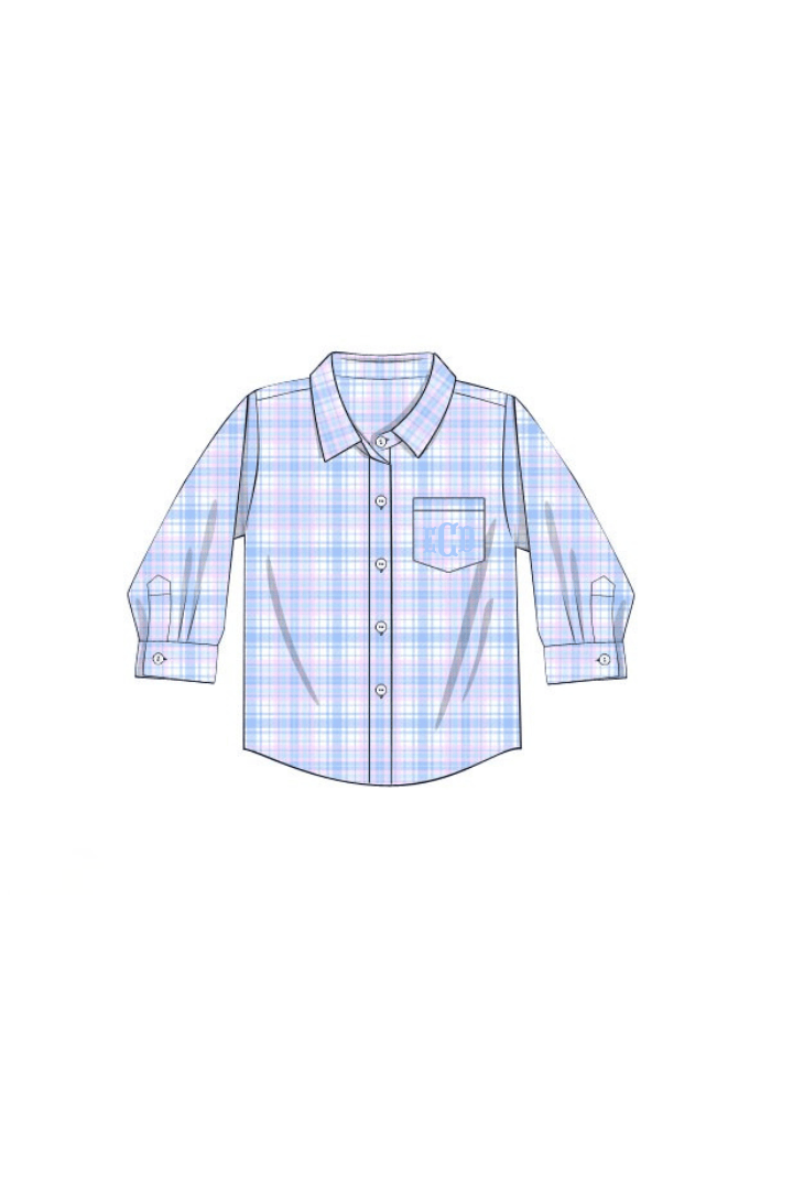 The Smocked Flamingo Apparel & Accessories Pre-Order Blue and Pink Plaid Long Sleeve Button Down Shirt