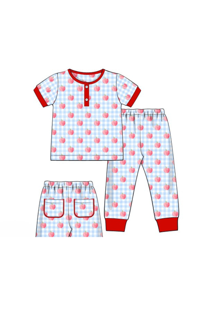 The Smocked Flamingo Apparel & Accessories Pre-Order Blue Gingham Apple Knit Pajamas